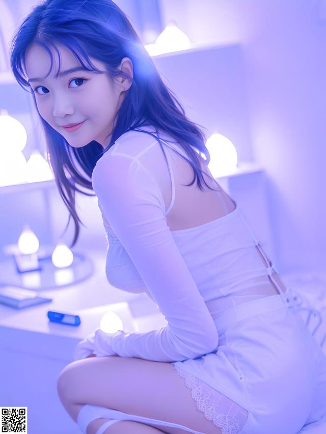 A woman in a white dress sitting on a bed.