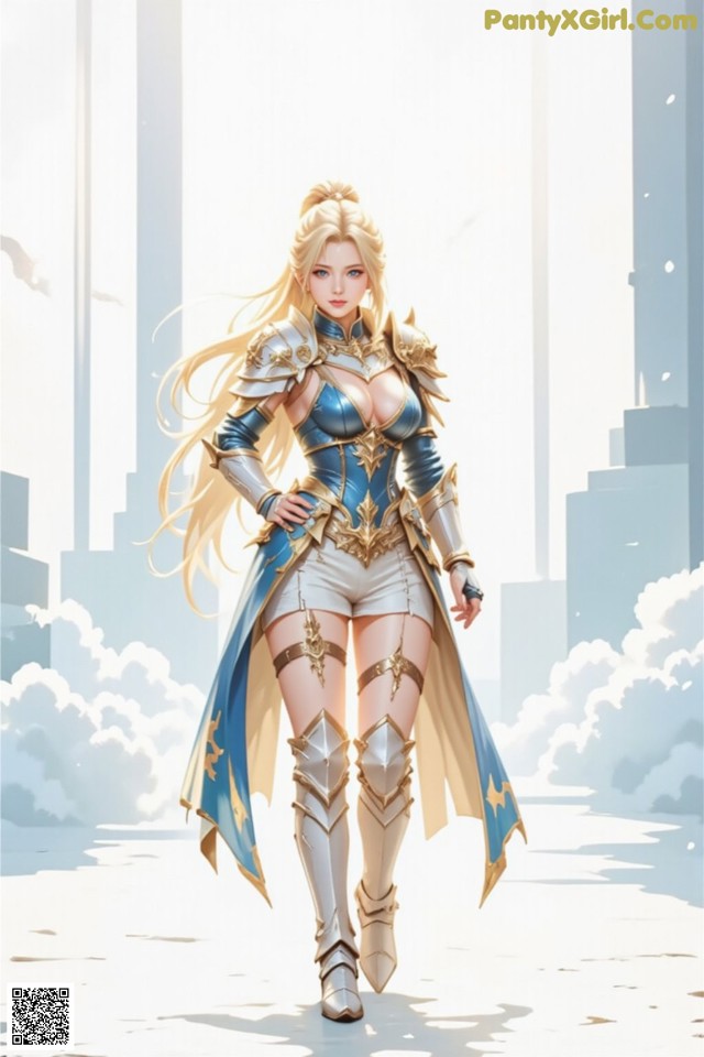 A woman in a blue and white outfit standing in front of a city.