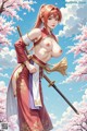 A woman in traditional attire holds a sword under a cherry blossom sky.